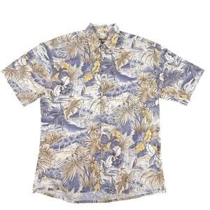 Compa Moda Hawaiian Shirt Mens Large Blue Beige‎ Yellow Floral Tropical Cotton